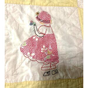 Vintage Handcrafted Quilt With Embroidered Sunbonnet Sue Pattern 70"x 64"